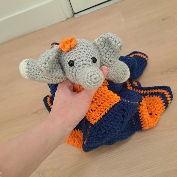 Crochet Geometric Baby Blanket Lovey Elephant Stuffed Animal Orange Blue Grey - Picture 4 of 5